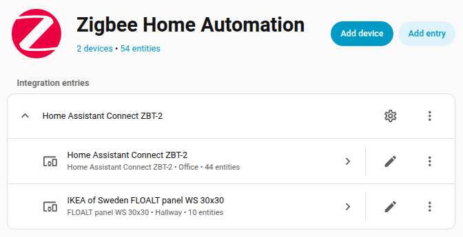Screenshot showing the Zigbee integration page