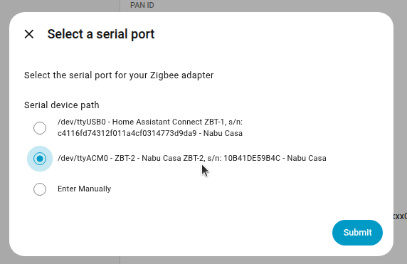 Screenshot showing the Select a serial port dialog