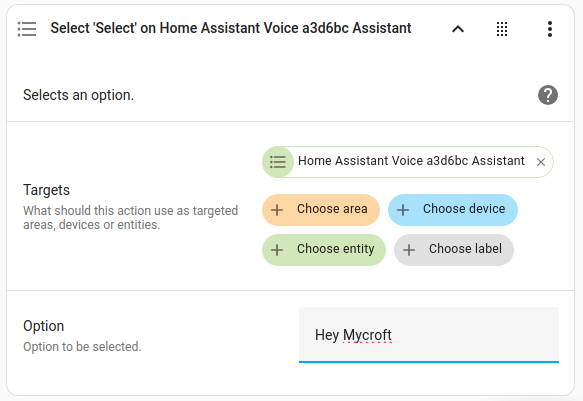 Screenshot showing an automation to change the wake word to Mycroft